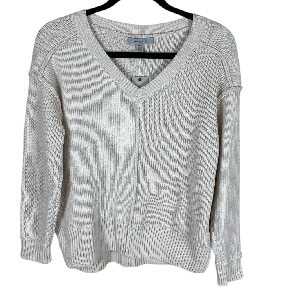 Grey & Gray Beige Chenille Stitch Block Long Sleeve V-Neck Sweater Size S Cozy